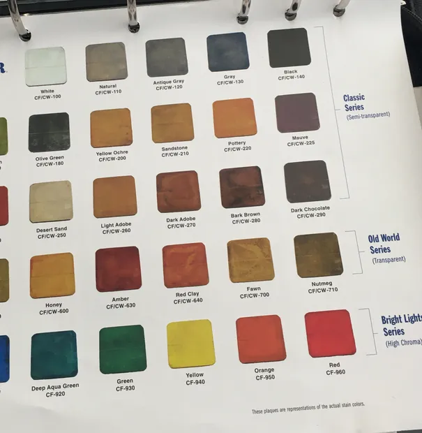 Stain color chart in three series: semi-transparent classics, transparent old-world tones and high-chroma brights