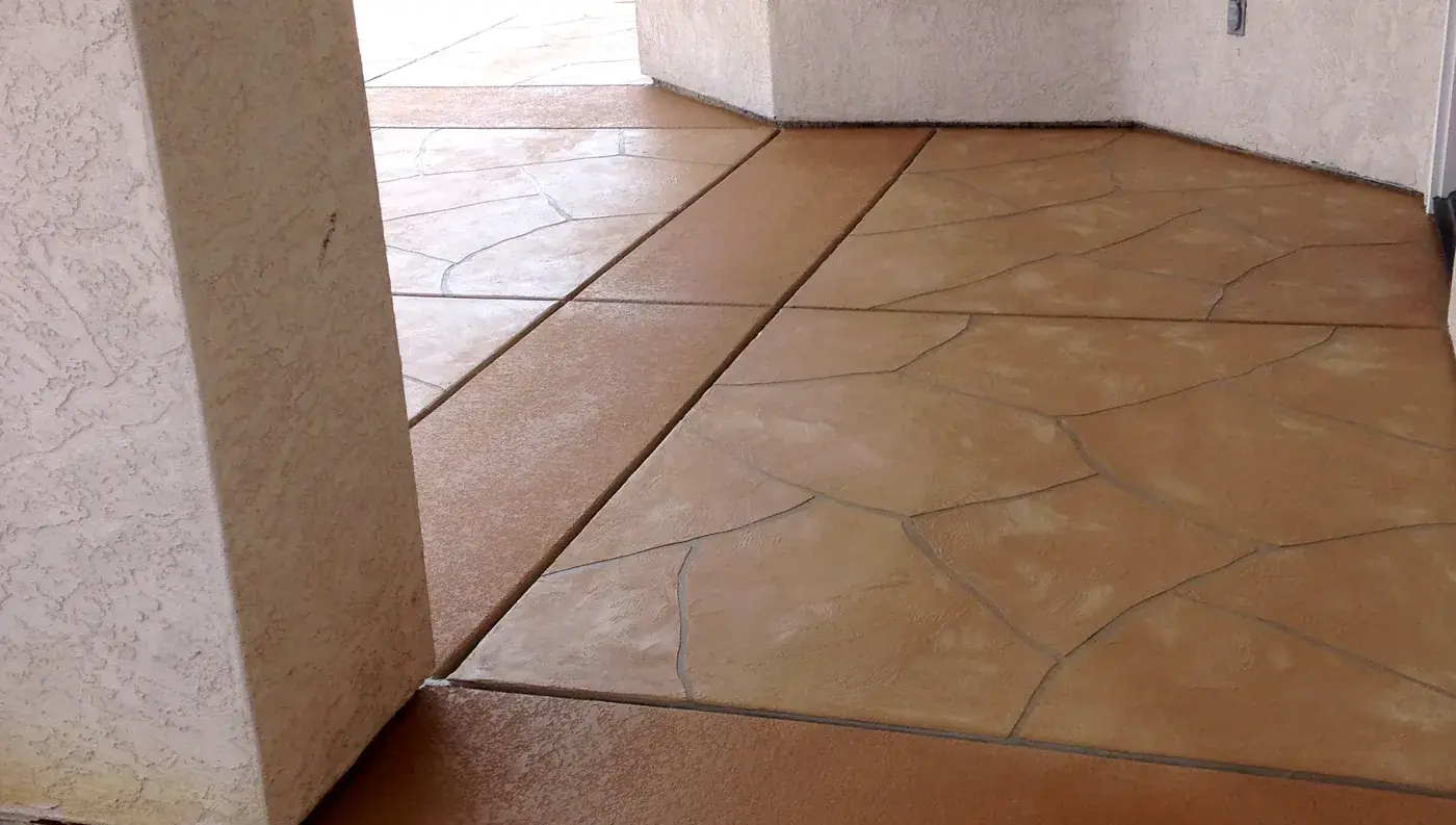 Terracotta overlay patio with a contrasting border band