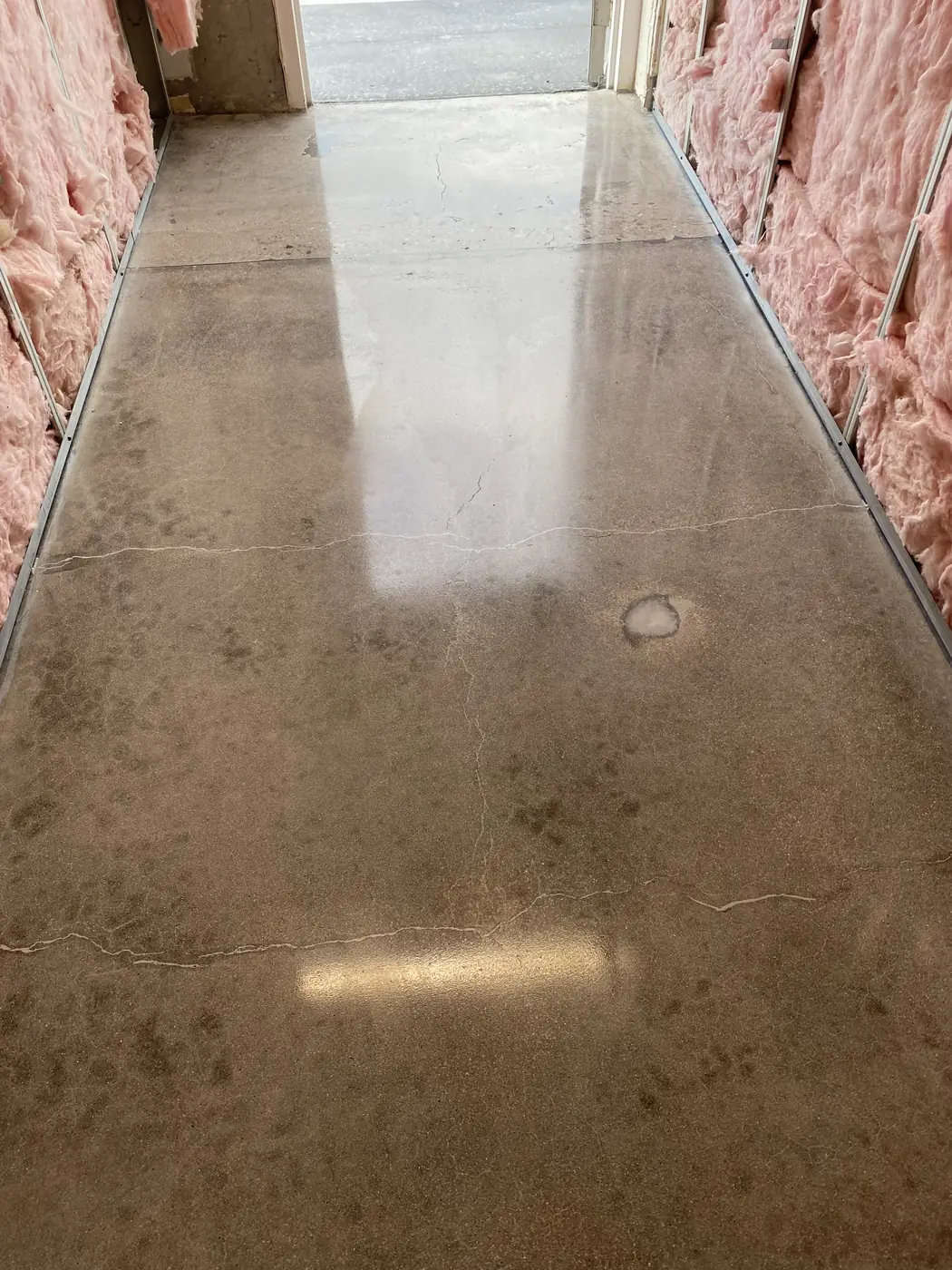 Polished concrete floor in a room still lined with insulation batts