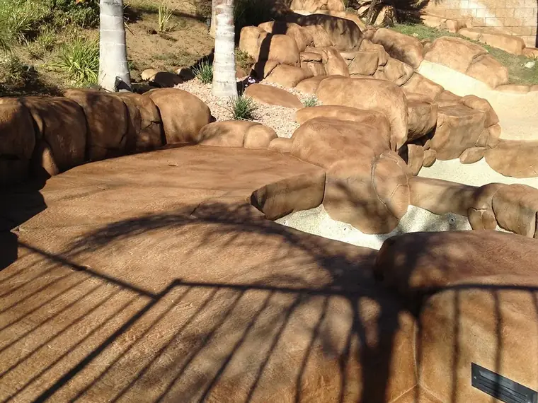 Restained boulder landscape around a pool with palm shadows